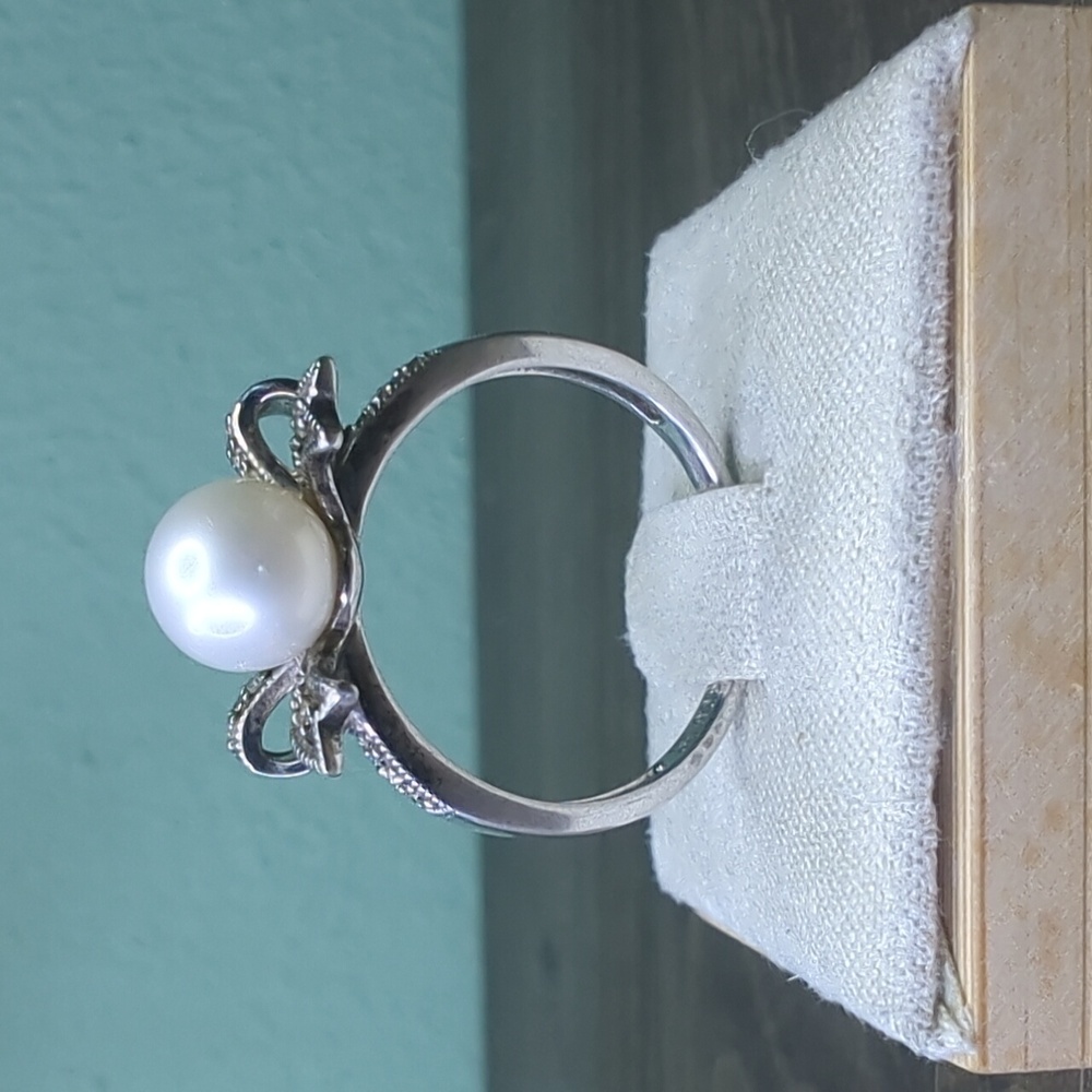Diamond & Pearl 925 Sterling Silver Bow Ring Size 7 - Picture 5 of 14